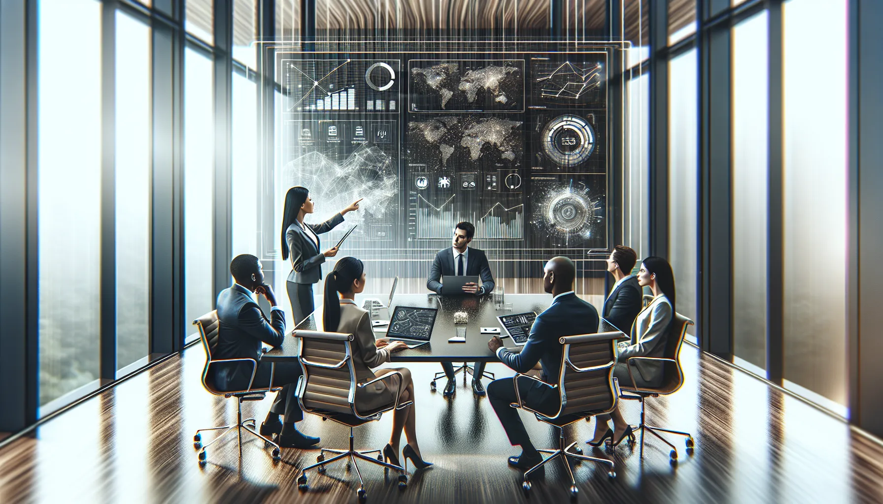 diverse professionals discussing data analytics in a modern conference room.
